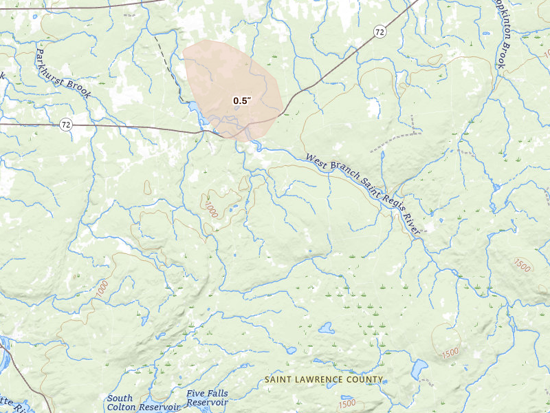 Radar-estimated hail-size map of the storm over Parishville, NY on Jul 14, 2026