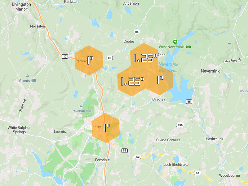 Hail map of Parksville, NY on Jun 6, 2026, hail up to 1.25"