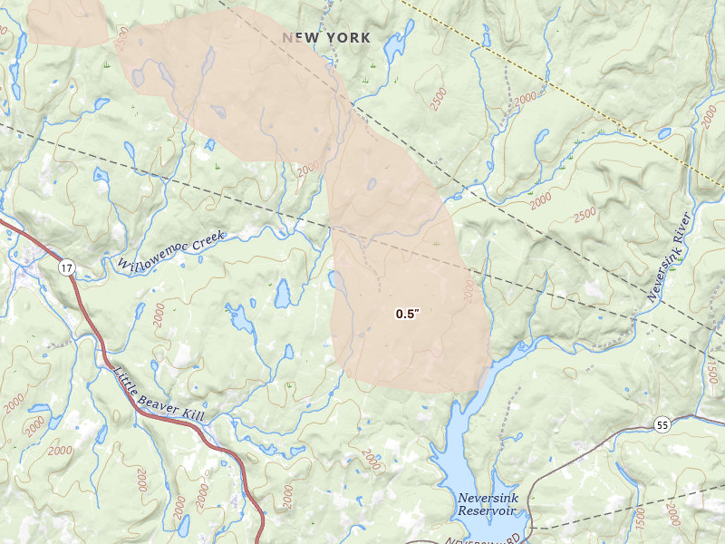 Radar-estimated hail-size map of the storm over Parksville, NY on Jul 1, 2026