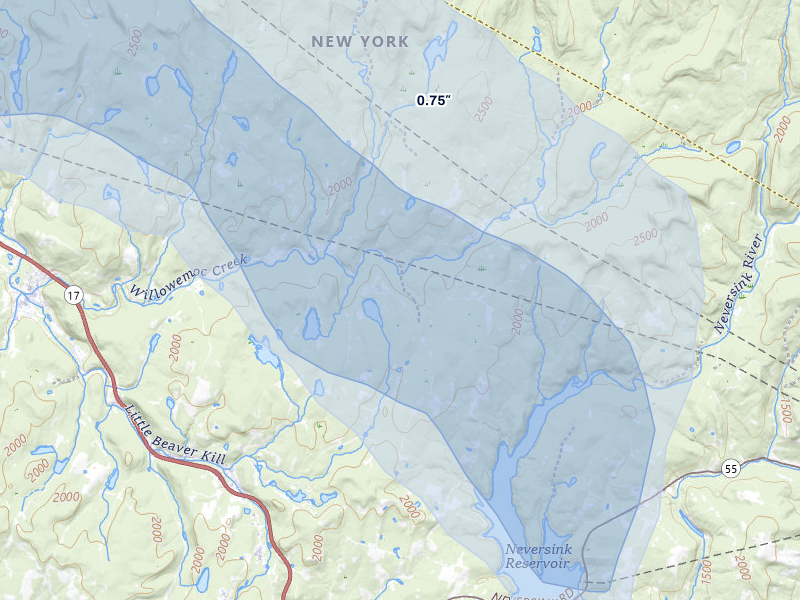 NEXRAD radar-signature map of the hail over Parksville, NY