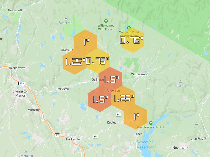 Hail map of Parksville, NY on Jul 2, 2026, hail up to 1.5"
