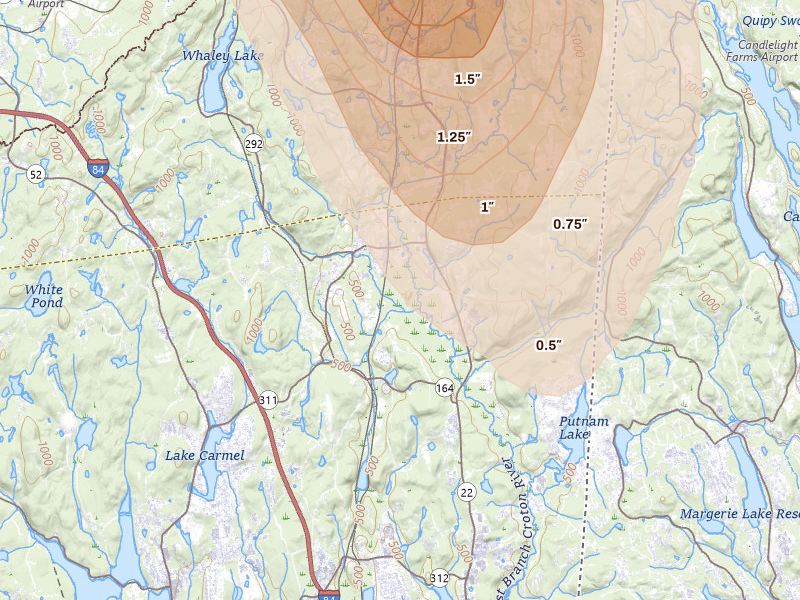 Radar-estimated hail-size map of the storm over Patterson, NY on Jun 11, 2026