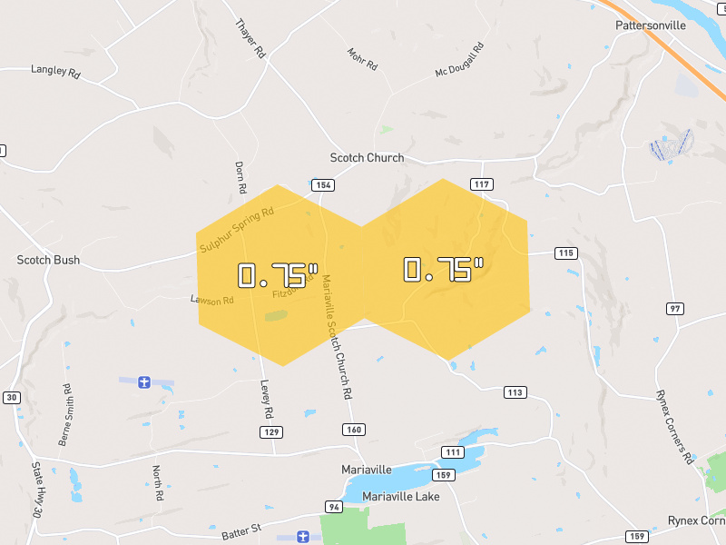 Hail map of Pattersonville, NY on Jul 2, 2026, hail up to 0.75"