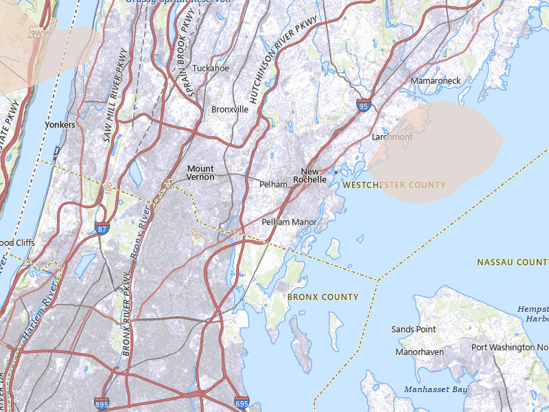 Radar-estimated hail-size map of the storm over Pelham, NY on Jul 21, 2026