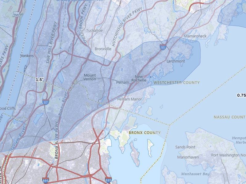 NEXRAD radar-signature map of the hail over Pelham, NY