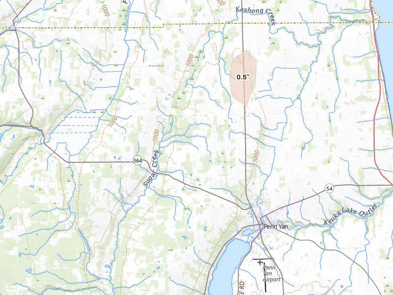 Radar-estimated hail-size map of the storm over Penn Yan, NY on Jun 9, 2026