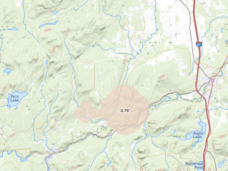 Radar-estimated hail-size map of the storm over Peru, NY on Jul 1, 2026