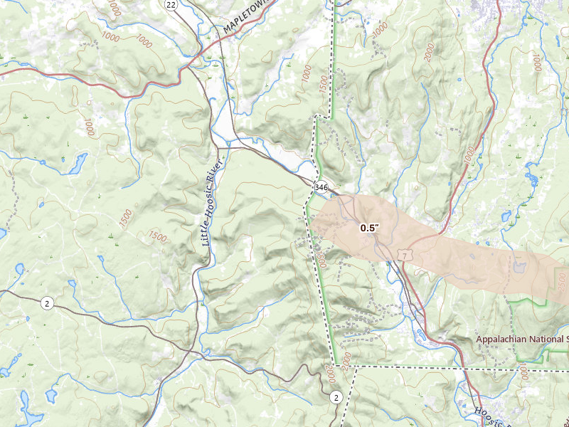 Radar-estimated hail-size map of the storm over Petersburg, NY on Jul 1, 2026