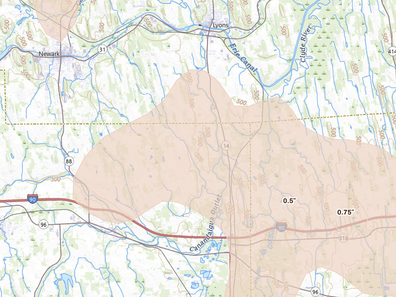 Radar-estimated hail-size map of the storm over Phelps, NY on Sep 2, 2026