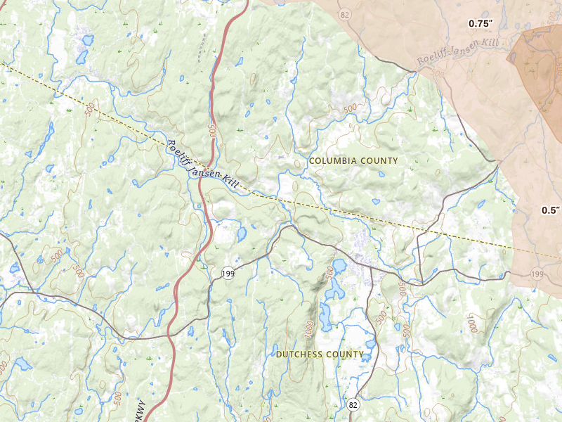 Radar-estimated hail-size map of the storm over Pine Plains, NY on Jul 4, 2026