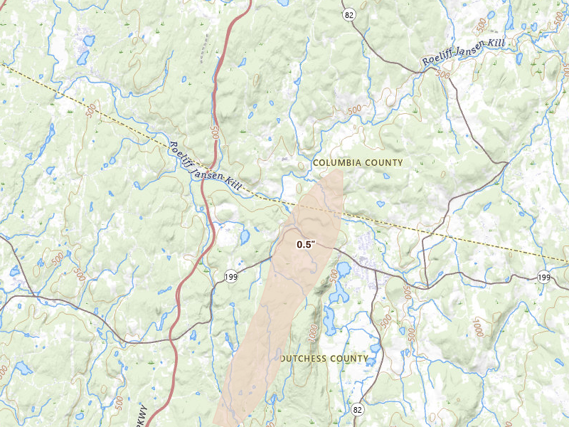 Radar-estimated hail-size map of the storm over Pine Plains, NY on Jul 28, 2026