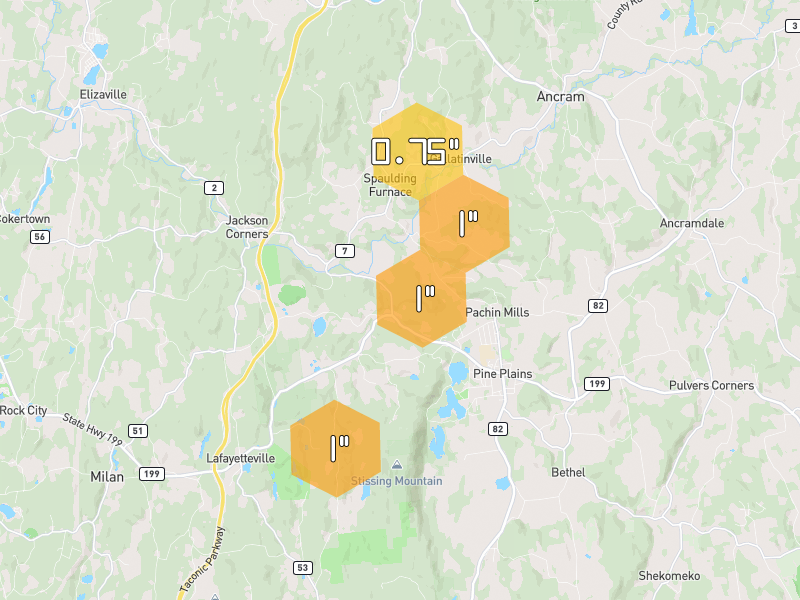 Hail map of Pine Plains, NY on Jul 28, 2026, hail up to 1"