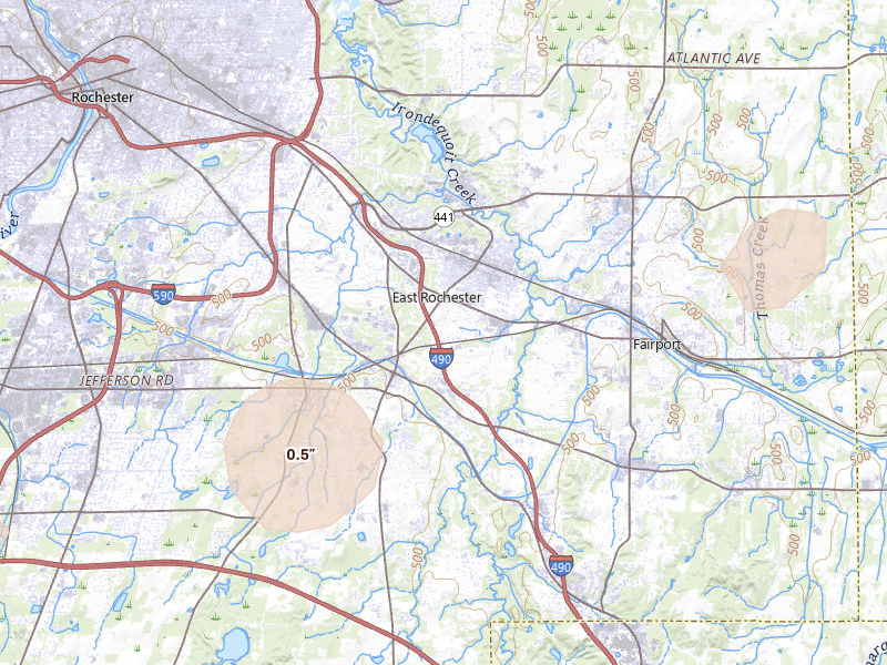 Radar-estimated hail-size map of the storm over Pittsford, NY on Sep 2, 2026