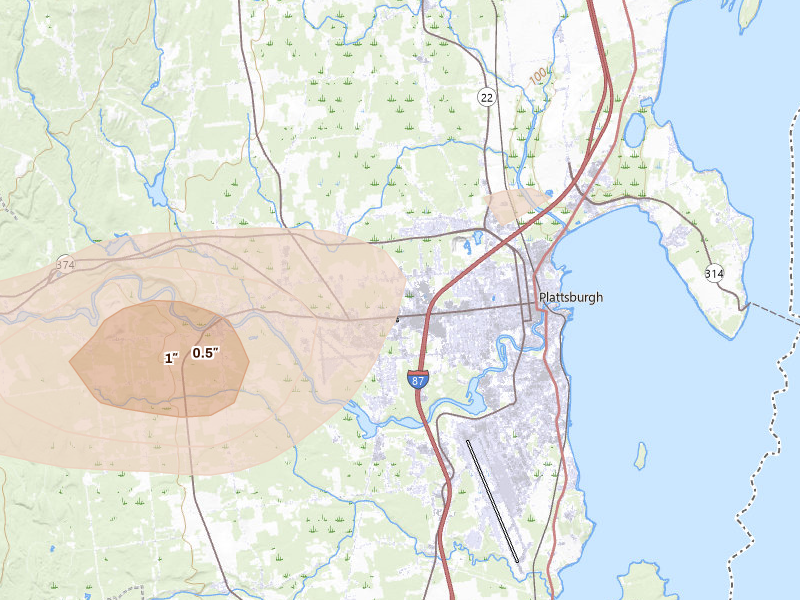 Radar-estimated hail-size map of the storm over Plattsburgh, NY on Jul 1, 2026