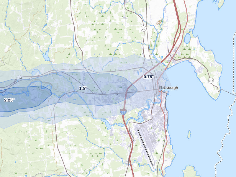 NEXRAD radar-signature map of the hail over Plattsburgh, NY