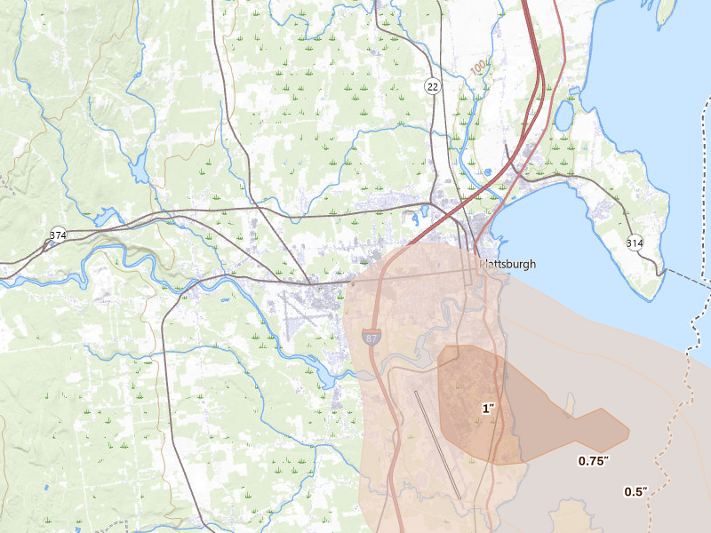 Radar-estimated hail-size map of the storm over Plattsburgh, NY on Aug 8, 2026