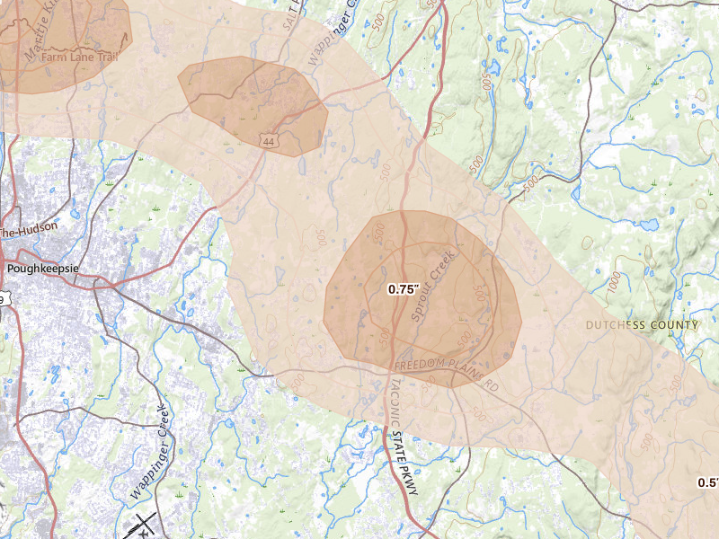 Radar-estimated hail-size map of the storm over Pleasant Valley, NY on Jul 4, 2026