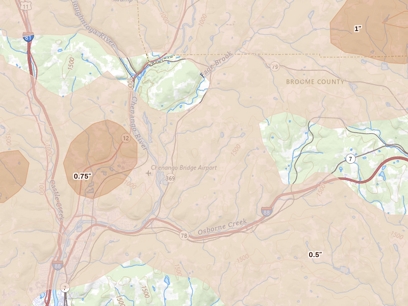 Radar-estimated hail-size map of the storm over Port Crane, NY on Mar 31, 2026