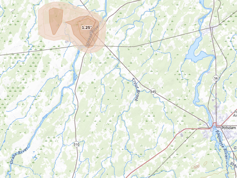 Radar-estimated hail-size map of the storm over Potsdam, NY on Apr 1, 2026
