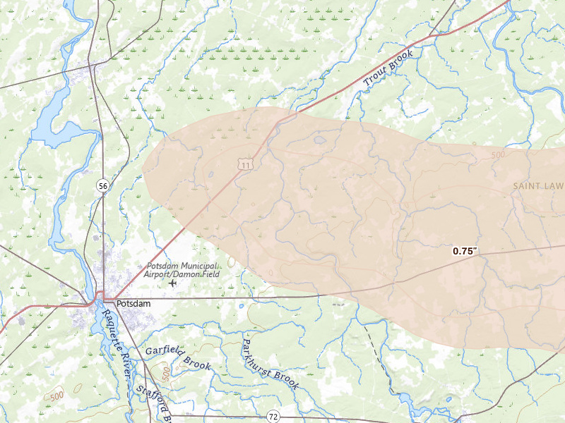Radar-estimated hail-size map of the storm over Potsdam, NY on Aug 10, 2026
