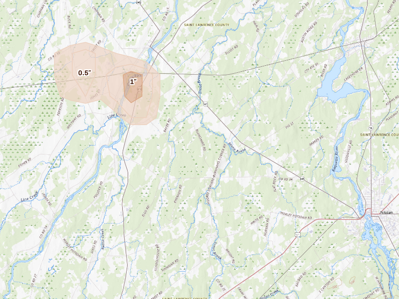 Radar-estimated hail-size map of the storm over Potsdam, NY