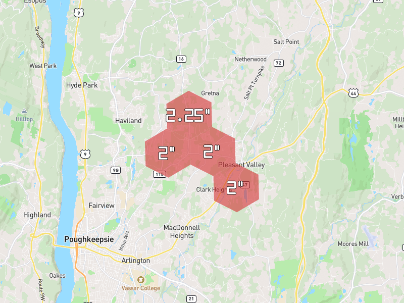 Hail map of Poughkeepsie, NY on Jul 4, 2026, hail up to 2.25"
