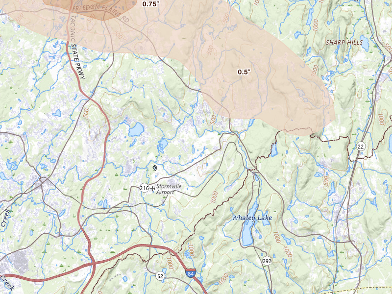 Radar-estimated hail-size map of the storm over Poughquag, NY on Jul 4, 2026
