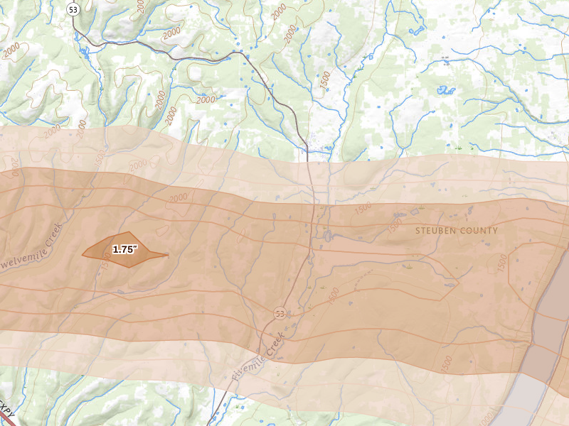 Radar-estimated hail-size map of the storm over Prattsburgh, NY on Mar 31, 2026