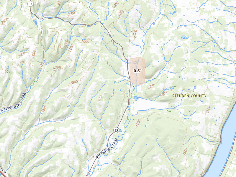 Radar-estimated hail-size map of the storm over Prattsburgh, NY on Apr 28, 2026