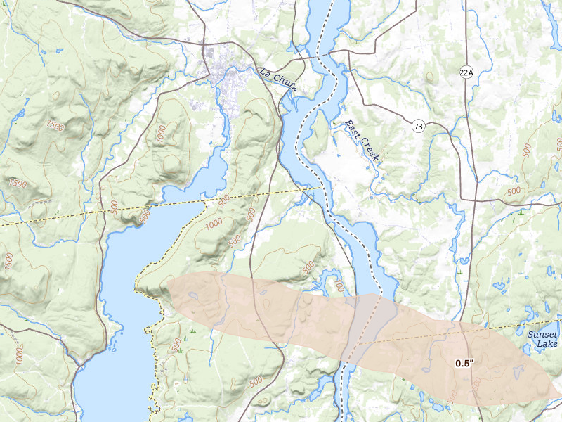 Radar-estimated hail-size map of the storm over Putnam Station, NY on Jun 26, 2026