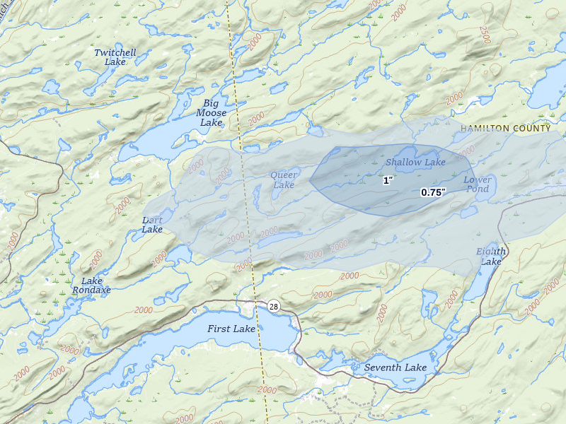 NEXRAD radar-signature map of the hail over Raquette Lake, NY