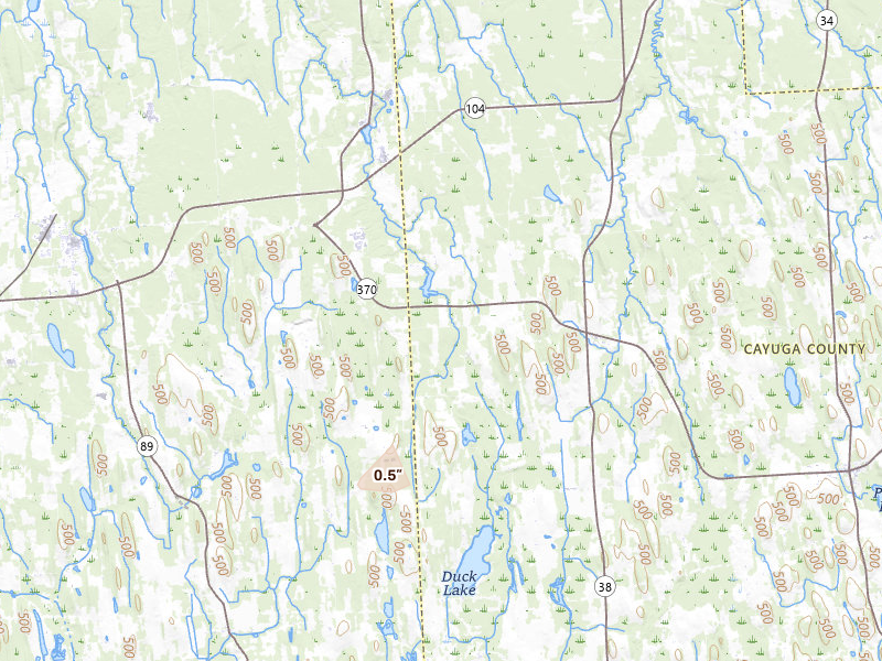Radar-estimated hail-size map of the storm over Red Creek, NY on May 13, 2026