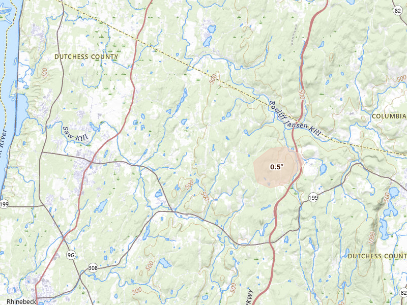 Radar-estimated hail-size map of the storm over Red Hook, NY on Jun 12, 2026