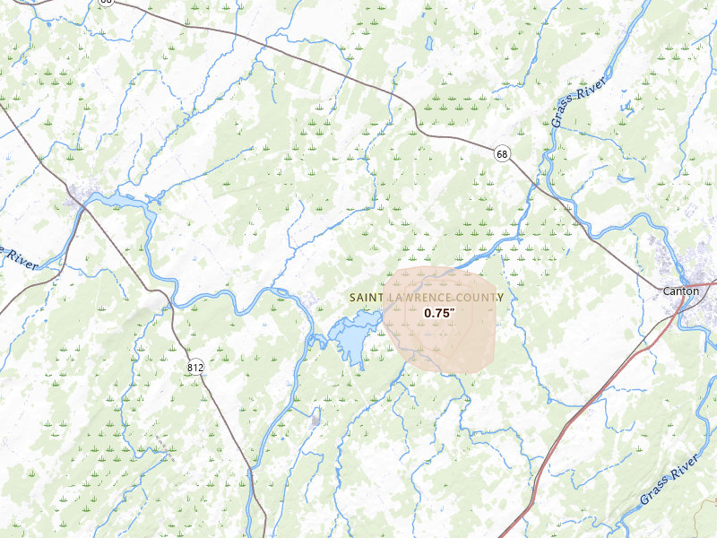 Radar-estimated hail-size map of the storm over Rensselaer Falls, NY on Jan 15, 2026