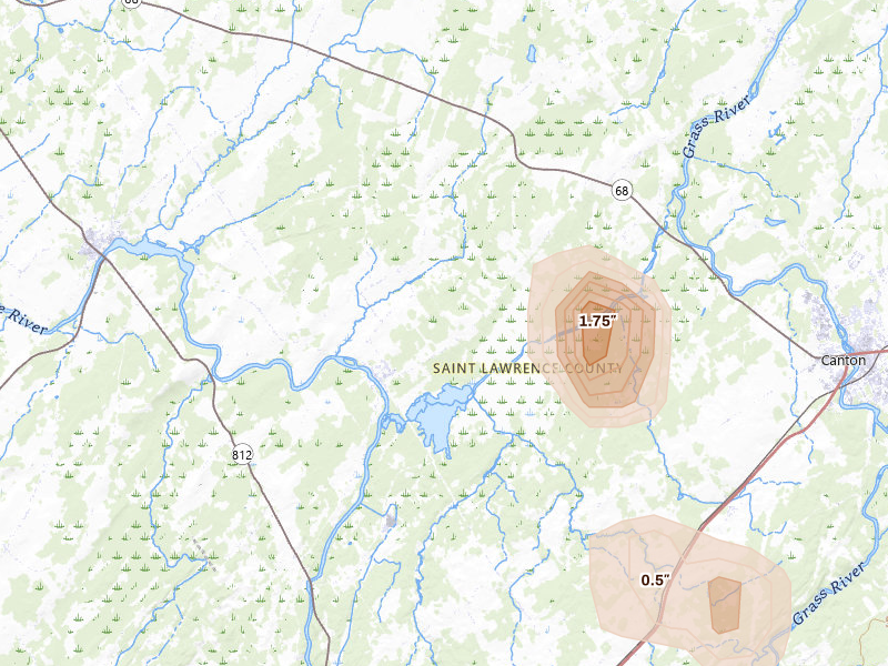 Radar-estimated hail-size map of the storm over Rensselaer Falls, NY on Apr 6, 2026