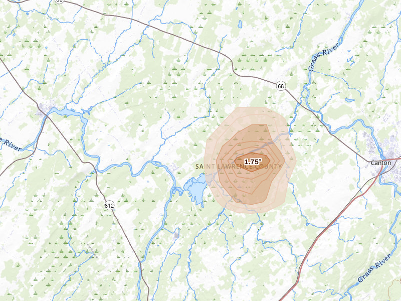 Radar-estimated hail-size map of the storm over Rensselaer Falls, NY on May 8, 2026