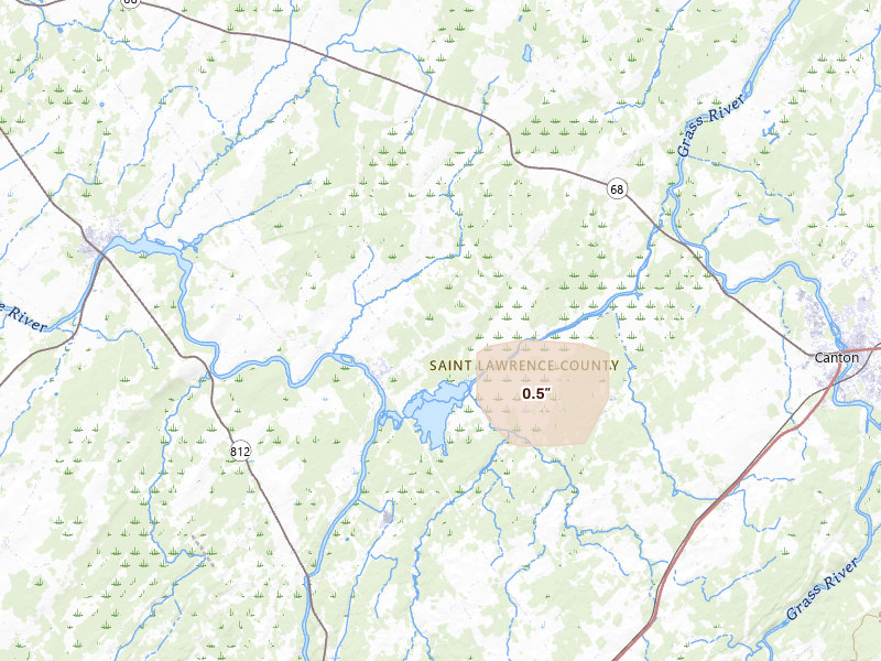 Radar-estimated hail-size map of the storm over Rensselaer Falls, NY on May 19, 2026