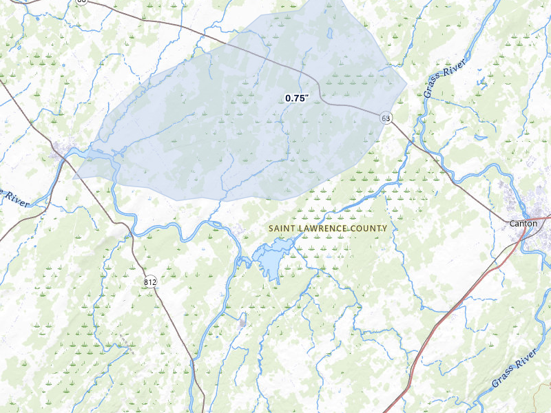 NEXRAD radar-signature map of the hail storm over Rensselaer Falls, NY on Jul 1, 2026
