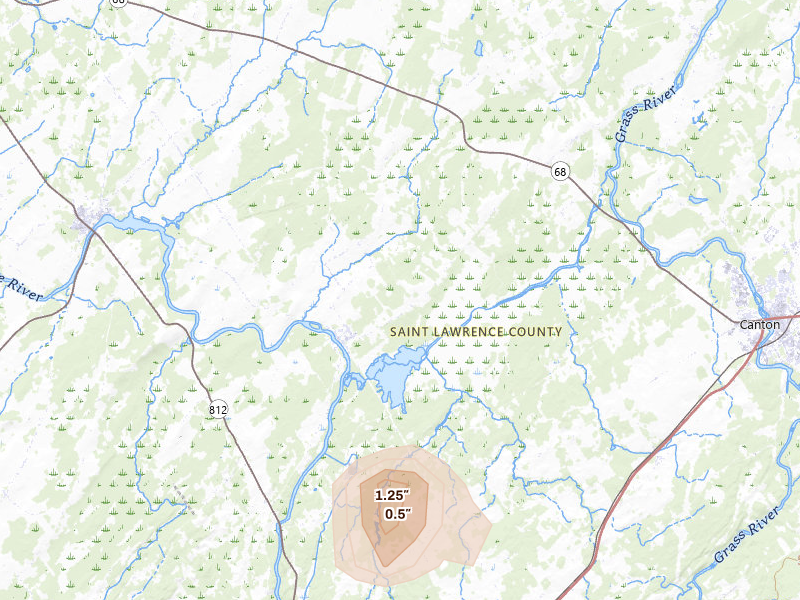 Radar-estimated hail-size map of the storm over Rensselaer Falls, NY