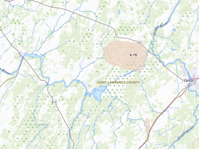 Radar-estimated hail-size map of the storm over Rensselaer Falls, NY on Jul 6, 2026