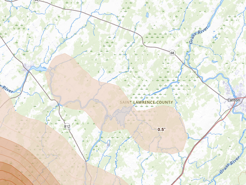 Radar-estimated hail-size map of the storm over Rensselaer Falls, NY on Jul 14, 2026