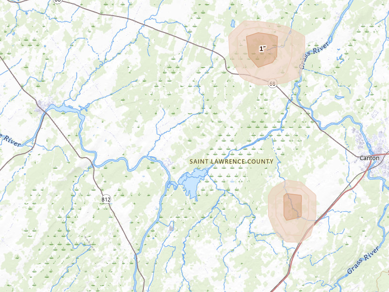 Radar-estimated hail-size map of the storm over Rensselaer Falls, NY on Jul 15, 2026