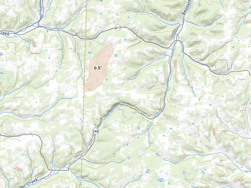 Radar-estimated hail-size map of the storm over Rexville, NY on Mar 27, 2026