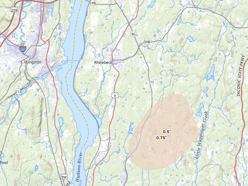 Radar-estimated hail-size map of the storm over Rhinebeck, NY on Jul 27, 2026
