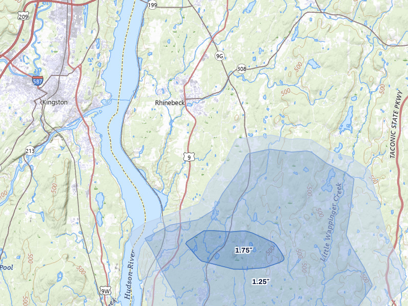 NEXRAD radar-signature map of the hail storm over Rhinebeck, NY on Jul 27, 2026