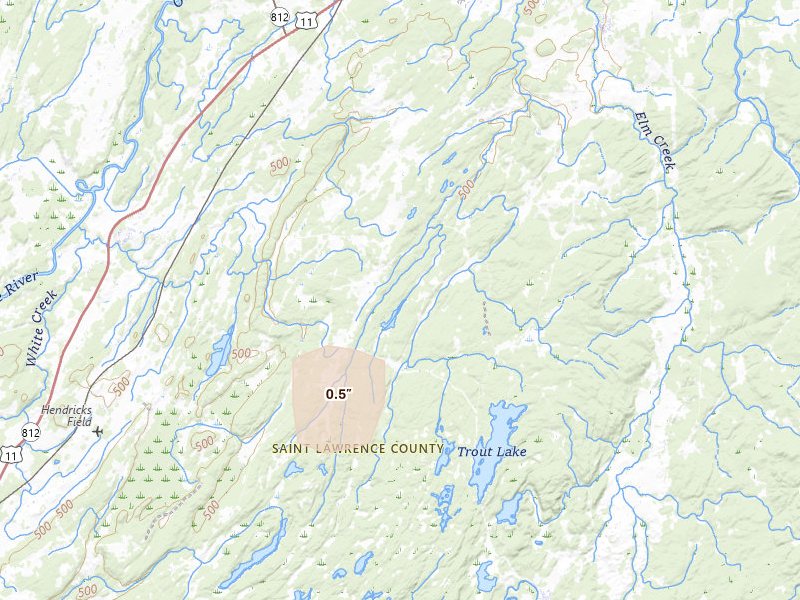 Radar-estimated hail-size map of the storm over Richville, NY on Jul 10, 2026