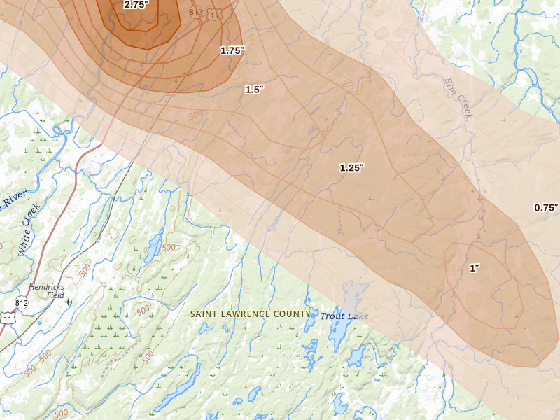 Radar-estimated hail-size map of the storm over Richville, NY on Jul 14, 2026