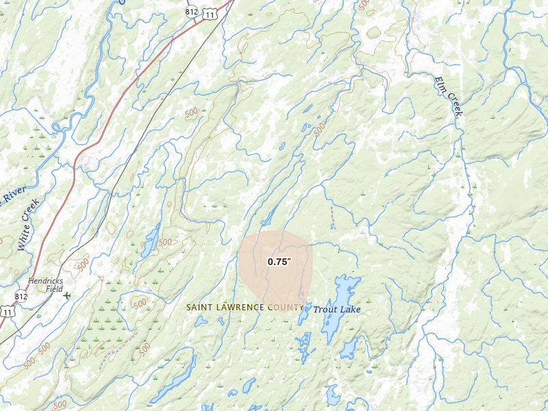 Radar-estimated hail-size map of the storm over Richville, NY on Aug 7, 2026