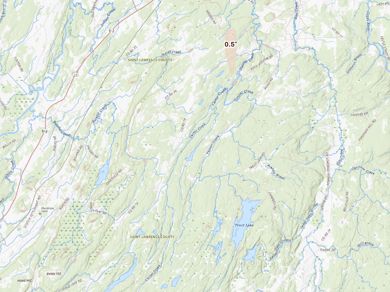 Radar-estimated hail-size map of the storm over Richville, NY on Oct 11, 2026