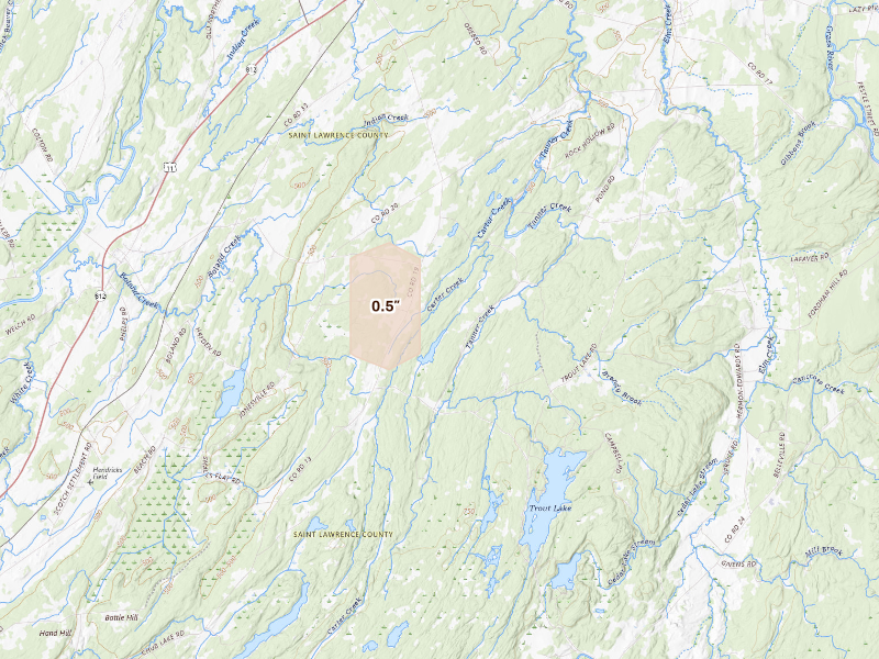 Radar-estimated hail-size map of the storm over Richville, NY on Oct 14, 2026